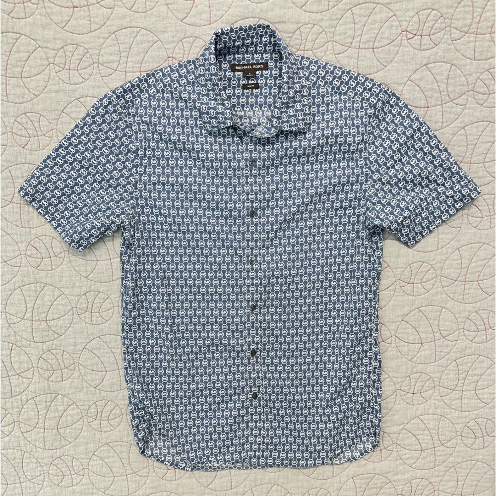 Michael Kors Button Down Shirt Blue MK Monogram Slim Fit / Men's Small